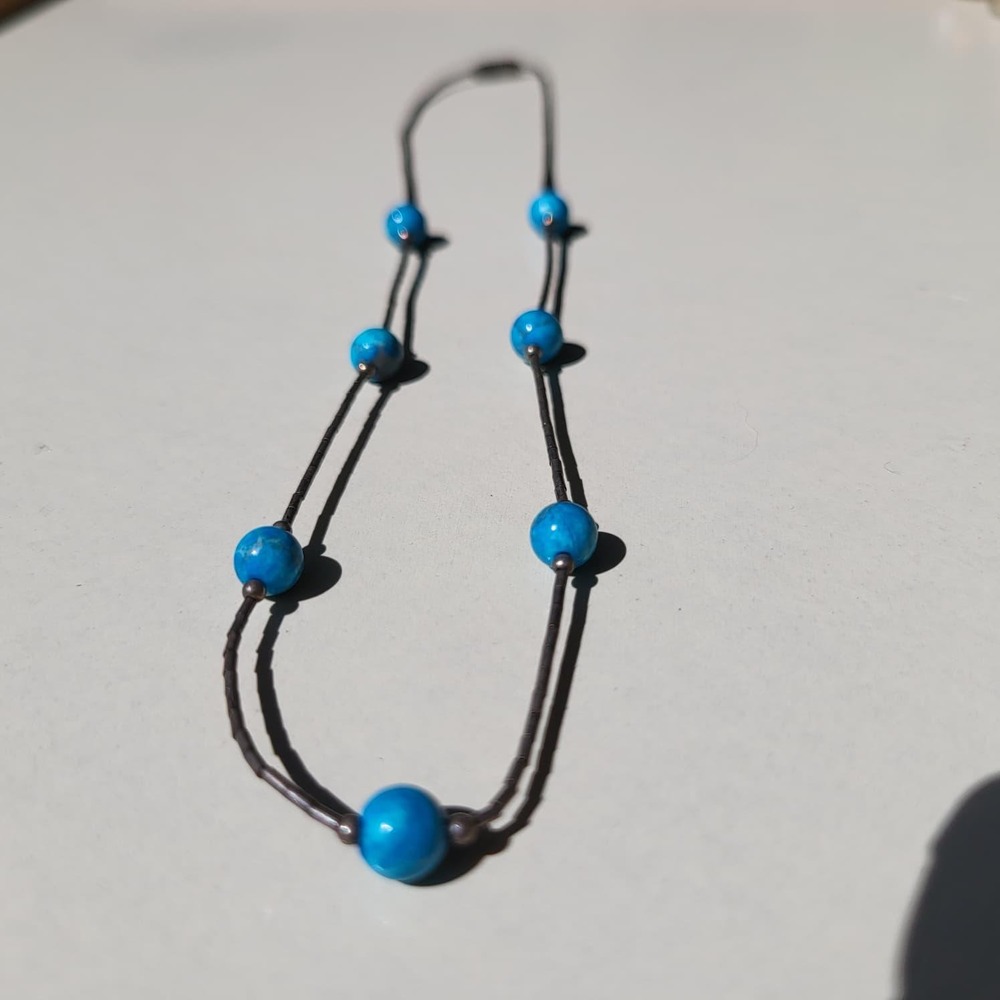 925 Sterling Silver Native Liquid Silver Turquoise Beaded Necklace Vtg